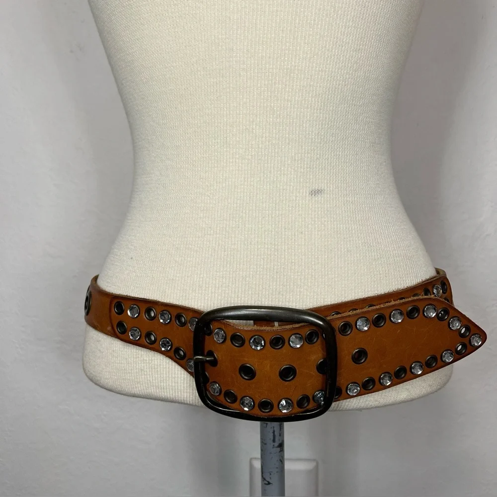 GAP Wide Tan Leather Studded Waist Belt with Crystal Accents